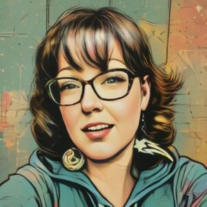 Heather Hugo, custom web designer - stylized image of smiling woman with wavy hair and glasses