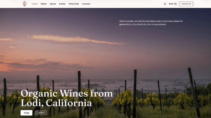 Winery website homepage showing a purple sunset vinyard and the heading "Organic Wines from Lodi, California"