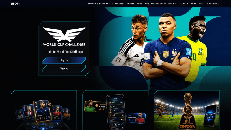 Black and blue login page with login form, three soccer players, and stylized gameplay images